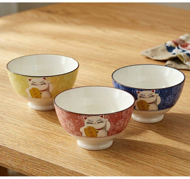 일본풍 냥이 예쁜 밥 공기 2+2, 1개, 행운 공기_옐로우 2P + 행운 공기_레드 2P