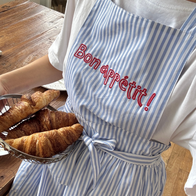 론드흐 프렌치 레터링 주방 카페 예쁜 앞치마, 1개, 코튼 스트라이프(스카이블루)