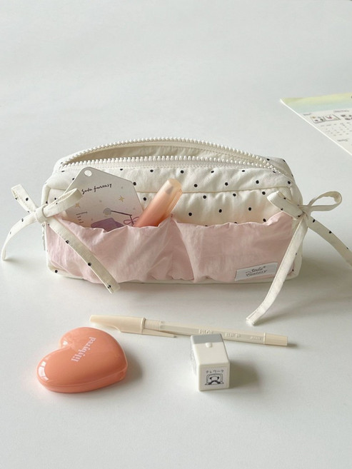 리본 발레코어 필통 미니 파우치 패브릭, 1개, 스트로베리+폴카 도트