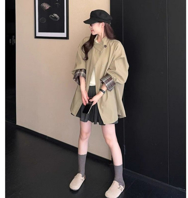 撞色格紋小個子風衣外套 廓形寬鬆顯瘦百搭英倫風大衣