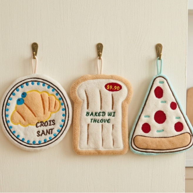 귀여운 빵 디자인 핸드타올 3종 세트 주방 고리 수건, 1개, 3종세트