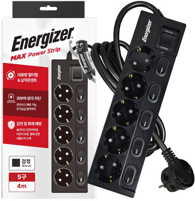 에너자이저 납작플러그 과부하차단 고용량 개별스위치 멀티탭 5구 16A, 블랙, 1개, 4m