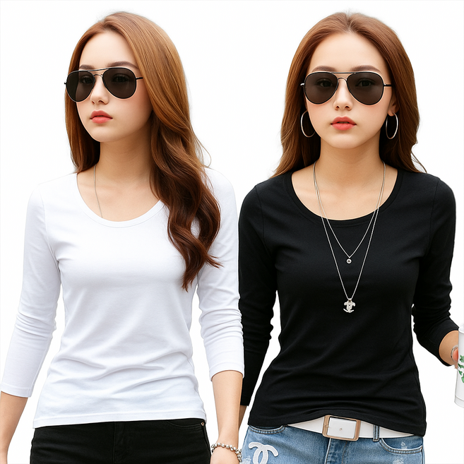 히트그램 1+1 여성 기본 긴팔 레이어드 슬림핏 티셔츠