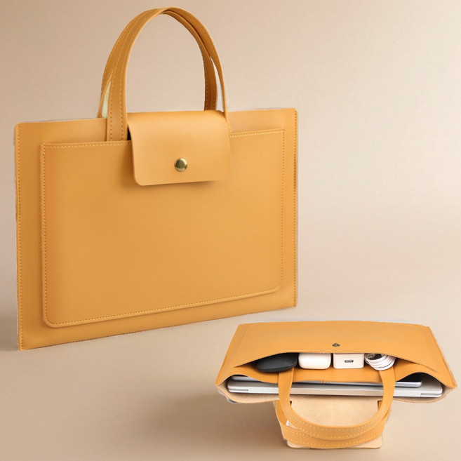 노트북 가죽 파우치 손잡이 가방 프리미엄 멜란지그레이 1개, 15-16인치 × 카멜 × 1개