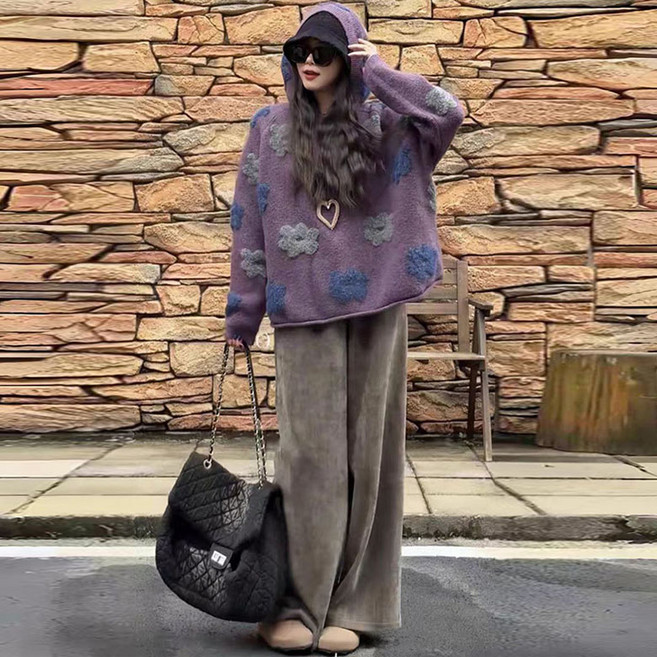 QEWBG 가을겨울 여성 플라워 자카드 후드 니트 스웨터 포근한 아우터탑