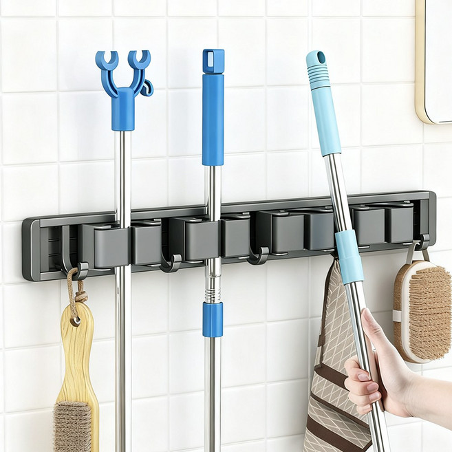 밀대 걸이 알루미늄 합금 청소용품 도구 홀더 욕실 정리 거치대 화장실 후크 (5후크 4클립), 실버그레이, 1개