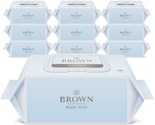 브라운 베이직 플러스 물티슈 100매 10팩 도톰한 아기 물티슈 두꺼운 엠보싱 유아 물티슈 대용량 캡형, 55g, 100개입, 10개