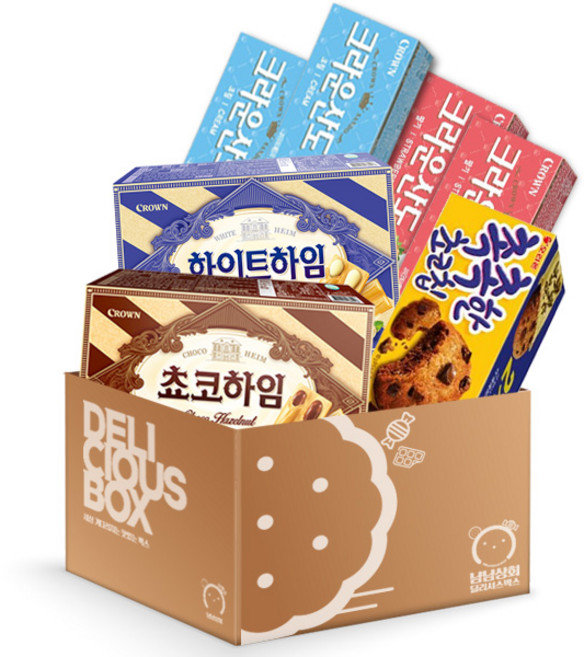 [냠냠상회] 크라운산도 소 딸기61g+크림61g 각2개+쵸코하임 142g+화이트하임 142g + 촉촉한초코칩160g 총 7개, 1개