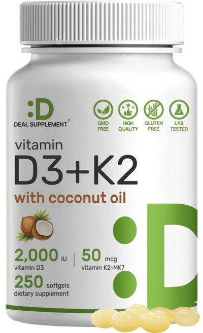 DEAL SUPPLEMENT 비타민 D3 K2 MK7 2000IU 코코넛오일 250캡슐, 1개, 250정