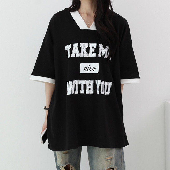 루나샵 테이크미배색브이 반팔 오버핏 티셔츠