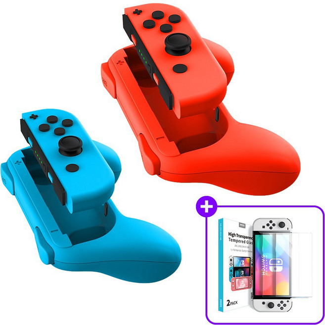 호후 닌텐도스위치 조이콘 그립 강화유리 액정 보호필름 2매, 조이콘그립2P(레드/블루)+스위치강화유리필름2매, 1개