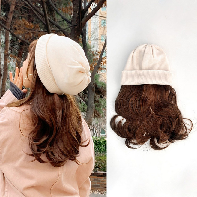 일호장신구 퀸즈 우먼 비니 헤어 위그 가발모자 항암가발 자연스러운 간편한 패션가발 스타일, 1개, 화이트 라이트브라운헤어