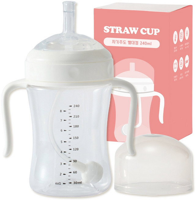 키도러블 유아용 흘림방지 자기주도 빨대컵, 화이트, 1개, 240ml