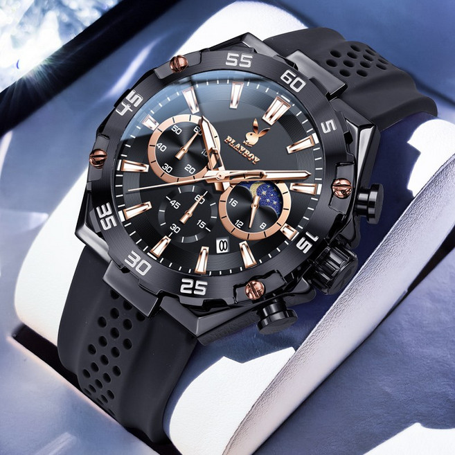 PLAYBOY 플레이보이 남성 스포츠 손목시계 크로노그래프 기능 방수 데일리 비즈니스 시계