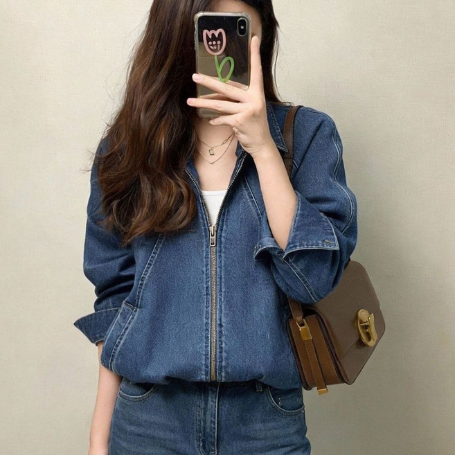 하늘비즈 여성 데님 자켓 숏기장 워시드 칼라 봄 가을 스몰사이즈