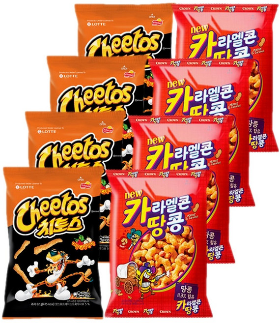 롯데 크라운 스낵모음 치토스 매콤달콤 82gx4개+카라멜콘땅콩 72gx4개 (총8개), 1세트, 616g