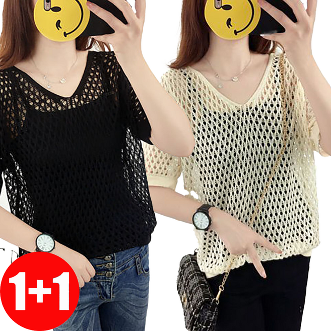 지고다그 1+1 여성 여름 시스루 반팔 니트 티셔츠 루즈핏 아이스 실루엣 그물 짜임 상의 ZK15220