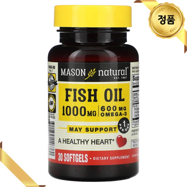 Mason Natural 피쉬오일 1000mg 30 소프트젤 오메가3 비타민E 토코페롤, 1개, 30정 - 쿠팡