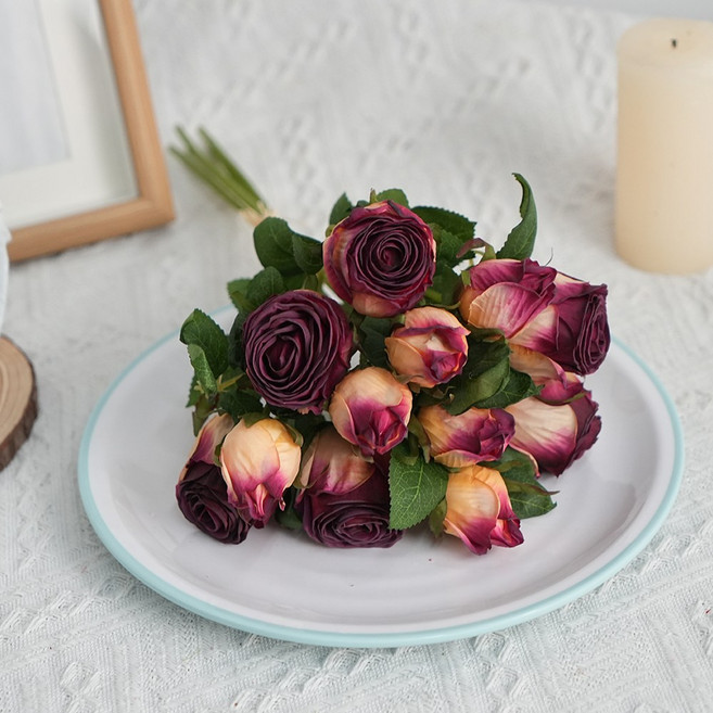 에이치엠데코 빈티지 말린 장미 조화 드라이플라워 센터피스 조화, 1개, 버건디