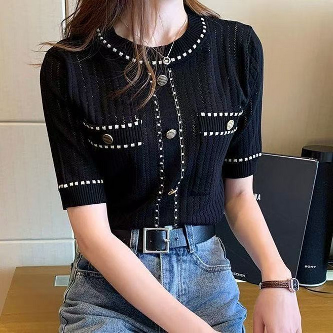 AURALA 여성 니트 여름 패션 라운드 빅 사이즈 루즈핏 스판 반팔 시스루 섹시 상의