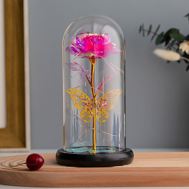 Clybo 유리커버 영생화 장미꽃 무드등 창의적 선물소품, 분홍색+나비+3잎(채색등)