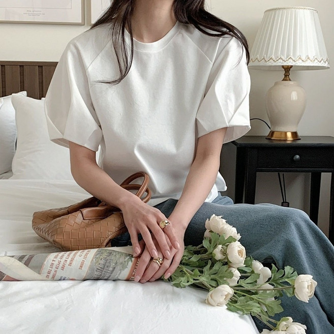 벌룬 퍼프 튤립 소매 반팔 티셔츠 블라우스 여리핏 코튼 티 Au211