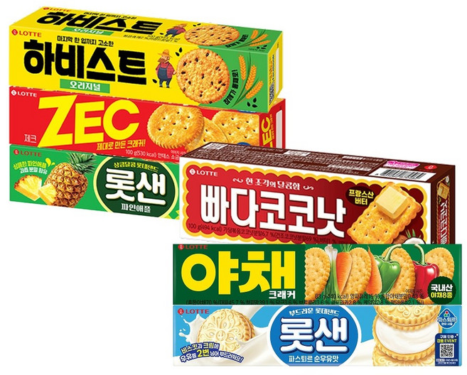 롯샌 파스퇴르 순우유맛 105g +롯샌 105g +빠다코코낫 100g +제크 100g +하비스트 100g +야채크래커 83g, 1세트, 593g