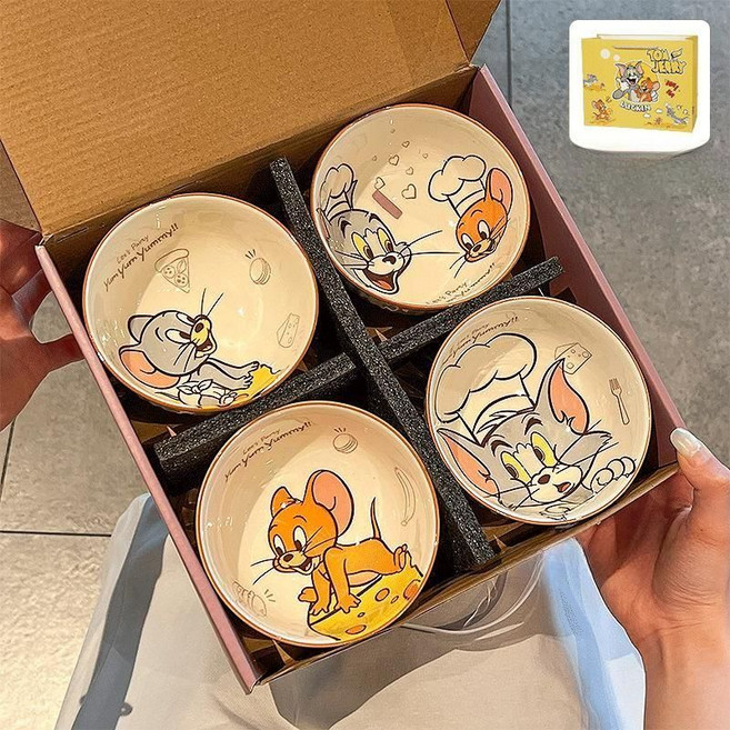 톰과 제리 시리얼볼 스낵볼 도자기 4P 세트 선물, 1 세트, 톰과 제리 4개 세트