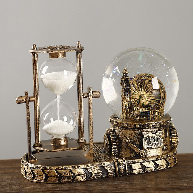 공예 빈티지 장식 수지 철공예 사무실 장식 모래시계 크리스탈 볼 장식 음악 추가 가능, 청동, 16. 5행 8.5행 13