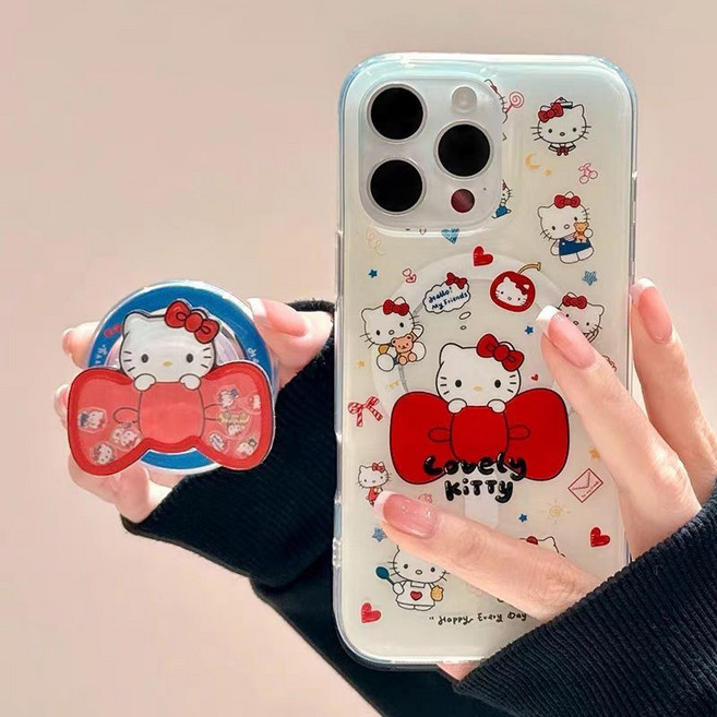 키티 고양이 맥세이프 갤럭시 S21/S22/S23/S24 케이스+리본KT 그립톡 거치대