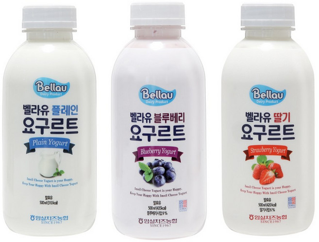 임실치즈농협 벨라유 요구르트500ml 3종 셋트(플레인 딸기 블루베리), 요구르트 3종셋트(플레인1, 딸기1, 블루베리1), 1개, 1.5L
