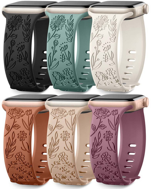 꽃 음각 각인 실리콘 애플워치 밴드 SE 울트라 시리즈1~11 호환 38 40 41 42 44 45 46 49mm, 혼합 색상 A, 1개