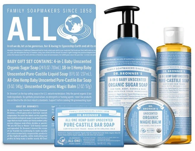 닥터브로너스 베이비 마일드 퓨어 캐스틸 숍 액상 및 바 비누 유기농 매직밤 4-in-1 유기농 설탕 펌프 비누 선물 세트, 1개 - 쿠팡