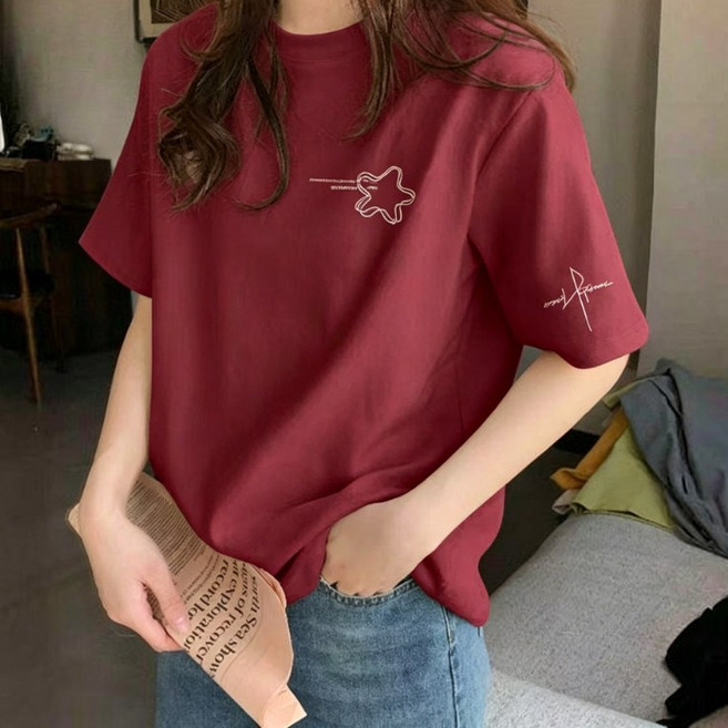 純棉圓領短袖印花T恤女 夏季寬鬆休閒百搭上衣