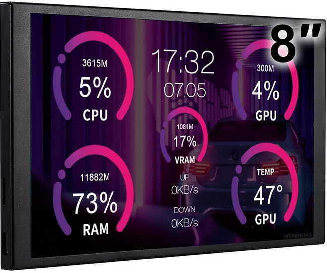 WOWNOVA 20.3cm8인치 LCD 스크린 내부 PC 케이스 스크린 데스크톱 모드 추가 1 클릭 1 케이블 컴퓨터 온도 디스플레이 모니터 스크린 포함 내부 PC 케이스용, 블랙