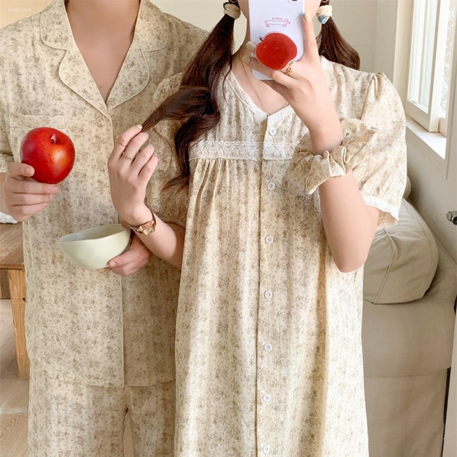 러빙리 골든 여름 반팔 커플 파자마 럭셔리 원피스 잠옷 홈웨어 상하세트