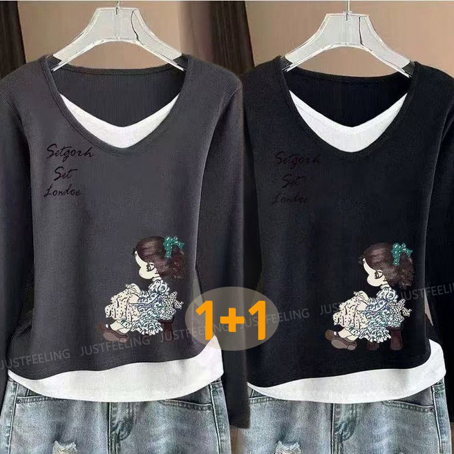 JUSTFEELING 2장세트 (1+1) 레이어드 긴팔티셔츠 데일리 캐릭터 프린트 티셔츠 레터링 날씬해보이는 이너티 상의