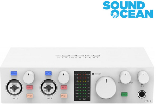 토핑 USB 오디오 인터페이스 TOPPING Professional USB Audio Interface, E2x2 화이트, 1개
