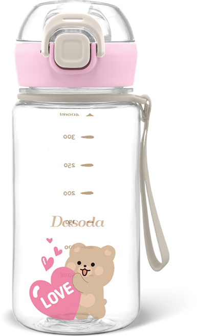 다소다 원터치 트라이탄 허그보틀 어린이 물통 스트랩세트, 1개, 400ml, 러블리핑크