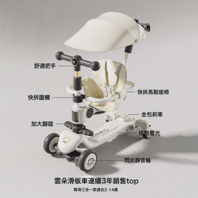DIU 滑板車兒童1-3-6-18歲男女寶寶三合一可坐可騎摺疊小孩溜溜踏板車, 1個, 黑色【頂配款】遮陽棚+護欄+推把+音樂