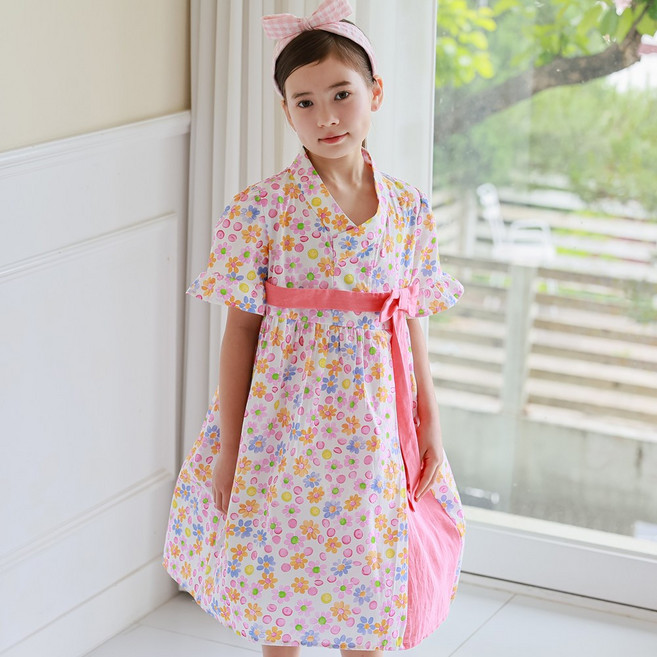 하랑한복 미소뎅이 배색 여아 면 데일리 생활 한복 아동 원피스