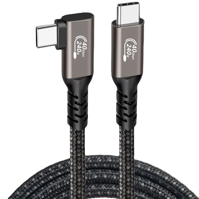 믹스MICS 90도ㄱ자 L자 PD240W USB4썬더볼트4 Thunderbolt4 타입C to C타입 5A 40Gbps 8K@60Hz 데이터 전송 Type-C충전선 숏 짧은 케이블, 블랙 패브릭, 1개, 0.2m