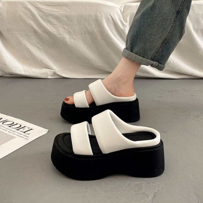 Ashysnow 통굽슬리퍼 여성 여름 캐주얼 패션 심플 7cm 굽 로마 웨지힐 샌들 송편화