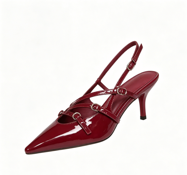 一字扣帶細跟尖頭時尚包頭涼鞋夏季新款小香風高級紅色高跟鞋