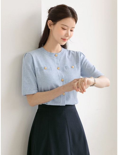 시크라인 XXL까지 마레온 라운드넥 골드버튼 반팔 가디건 니트 여름 데일리 일상 캐쥬얼 출근룩 빅사이즈