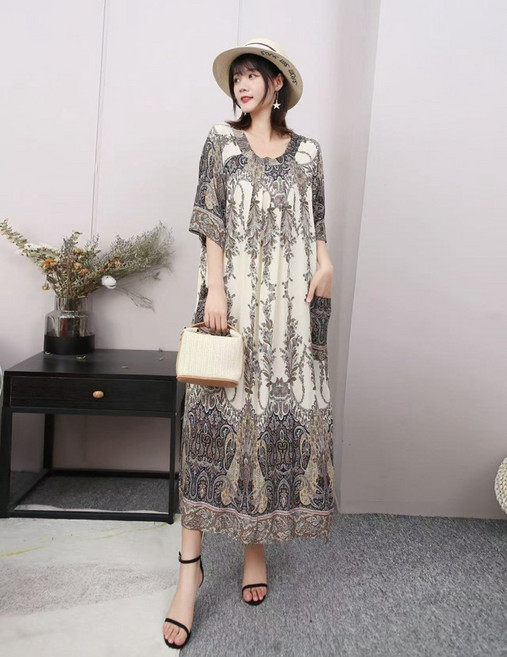 東南亞新款2025女裝 文藝圓領寬鬆花色遮肉顯瘦大尺碼棉質連身裙, 21號花,均碼