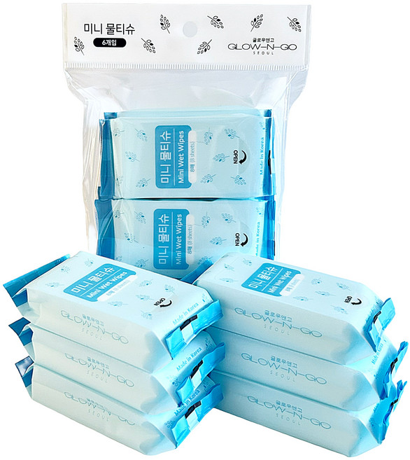 글로우앤고 작고 깨끗한 미니 물티슈 휴대용 초미니 포켓 사이즈, 6개, 8매, 45g