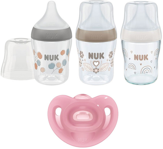 누크 퍼펙트매치 젖병 + 센서티브 쪽쪽이 체험팩 [유리젖병 1개+젖병 2개+쪽쪽이 1개], 1세트, 150ml, 센서티브 핑크 + 레인보우 + 코튼 + 하트