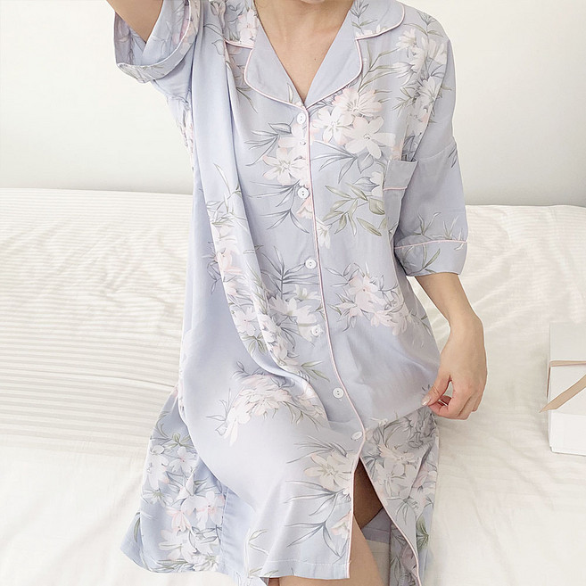 오르미 여신 원피스 잠옷 셔츠 빅사이즈 파자마 가운 홈웨어 샤워 여성 하늘하늘 반팔 넉넉 롱 실내복 오버핏 루즈핏