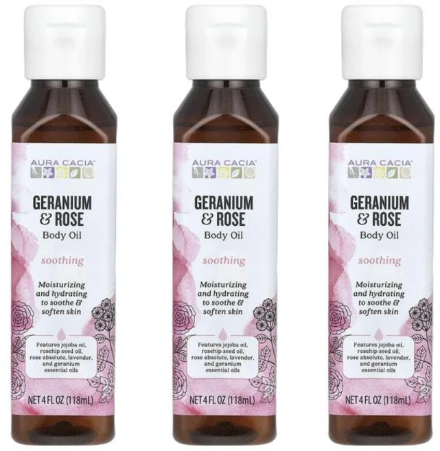 Aura Cacia 아로마테라피 바디 오일 제라늄 앤 로즈 118ml x3팩, 3개 - 쿠팡